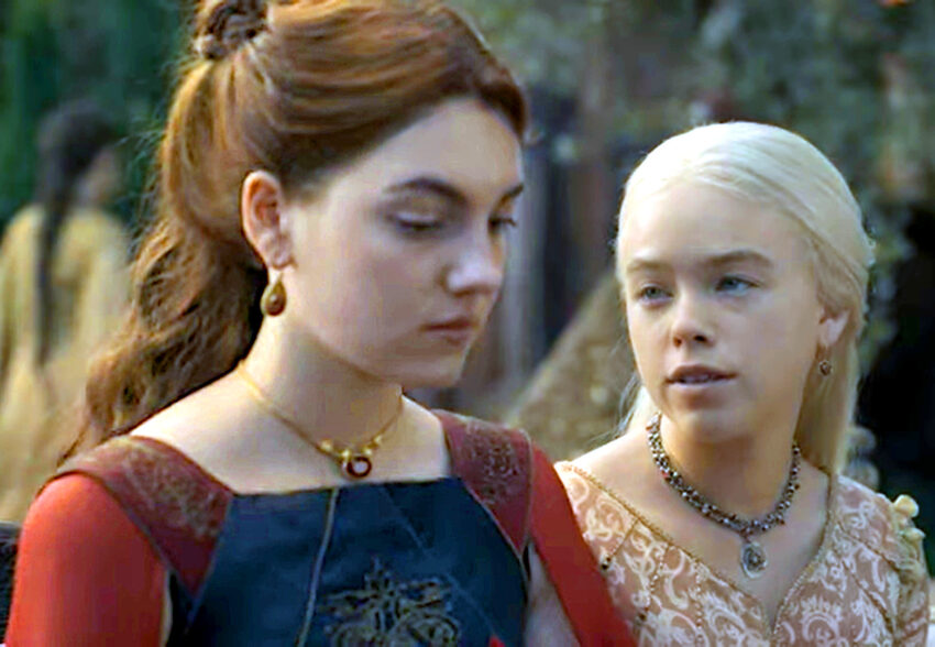 Milly Alcock (right) and Emily Carey in 'Rhaenyra Targaryen & Alicent Hightower Discuss Suitors | House of the Dragon | Max'. Uploaded to Youtube by HBO under CC-BY-3.0 Unported license on March 8, 2024.