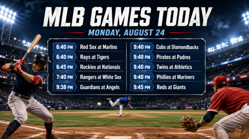 Wide MLB schedule graphic showing the 10 baseball games scheduled for Monday, August 24, 2026, with matchup times displayed over a nighttime stadium background.