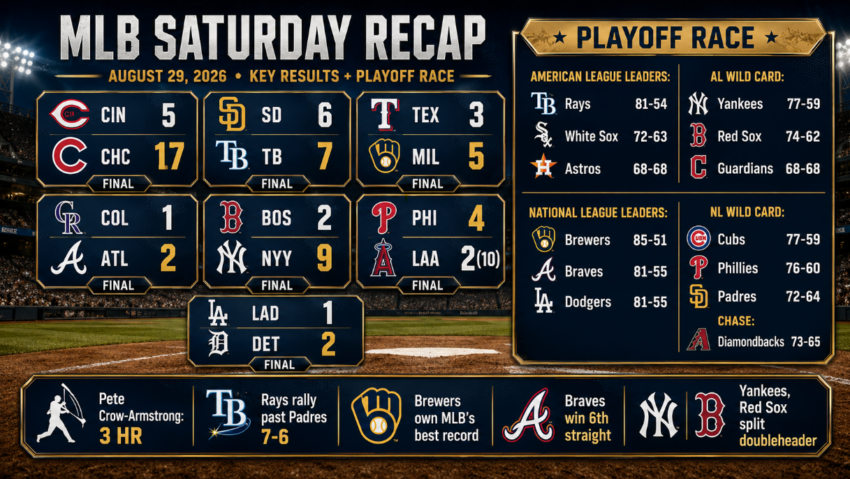 MLB Saturday recap graphic showing key August 29, 2026 results, including Cubs 17-5 over the Reds, Rays 7-6 over the Padres, Brewers 5-3