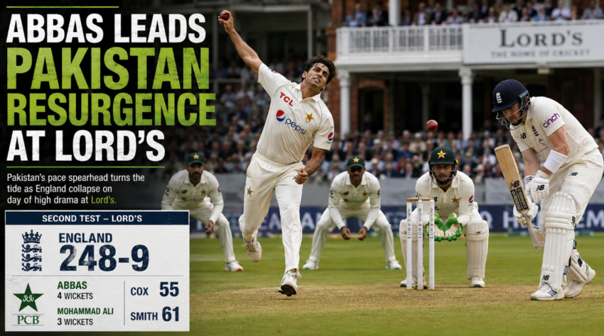 Mohammad Abbas bowls for Pakistan against England at Lord’s during the second Test, with England shown at 248 for 9 as Abbas takes four wickets.