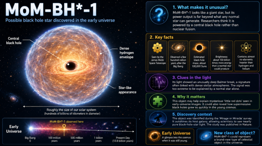 Infographic illustrating MoM-BH*-1, a possible black hole star with a central black hole surrounded by a dense hydrogen envelope in the early universe.