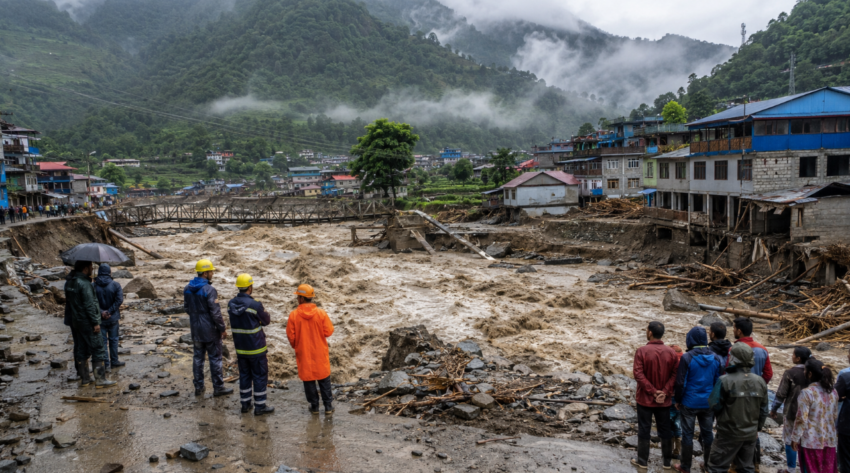 Wide view of Nepal flash flood aftermath showing muddy rushing water, damaged buildings, debris, a broken bridge, rescue workers, and residents gathered along the flooded riverbank.