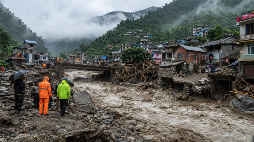 Wide view of flash flood damage in Nepal showing muddy rushing water, damaged homes, debris, a partially blocked bridge, and rescue workers in a mountain village.