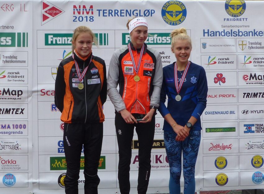 NM i terrengløp, lang løype, Bratsberg - Trondheim, 2018. Seierspallen for kvinner junior.