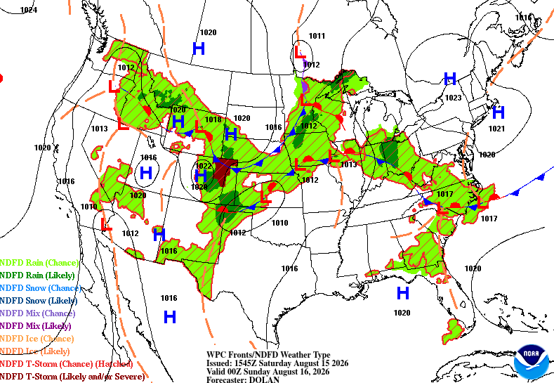 NOAA weather map showing forecast fronts, pressure systems, rain, thunderstorms, and severe storm risk across much of the United States for August 16, 2026.