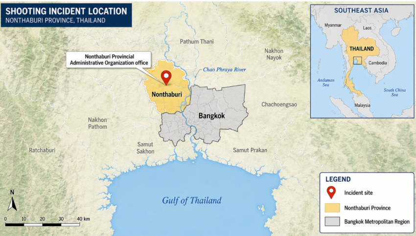 Map showing the location of the Nonthaburi Provincial Administrative Organization office in Nonthaburi Province, northwest of Bangkok, Thailand.
