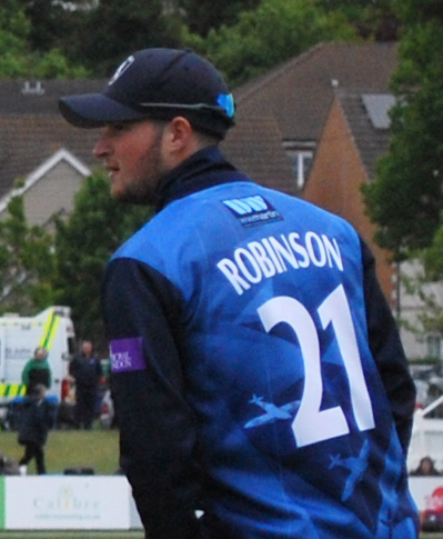 Kent cricketer Ollie Robinson fielding at Beckenham in May 2019 in a One Day Cup match against Essex.