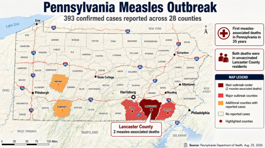 Wide-format map of Pennsylvania showing the measles outbreak across multiple counties, with Lancaster County highlighted as the main outbreak center and additional labeled counties, highways, and cities across the state.