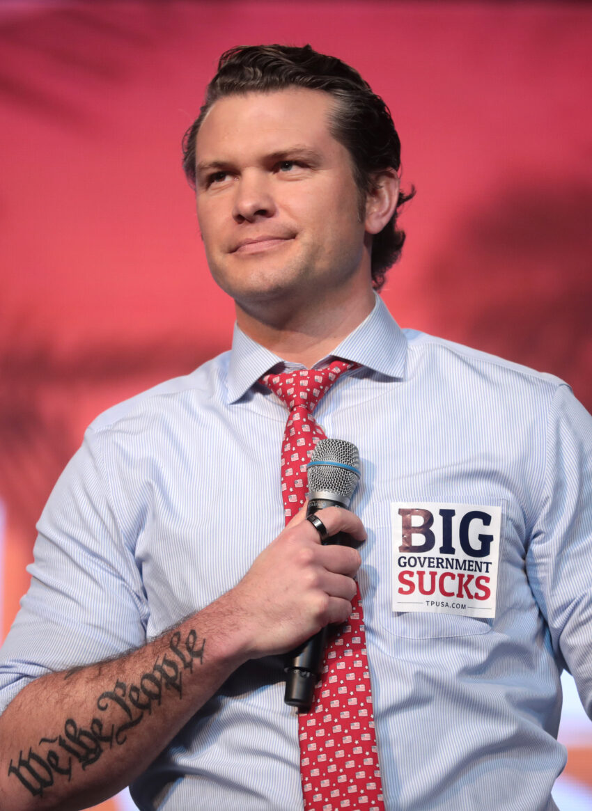 Pete Hegseth speaking at an event in West Palm Beach, Florida.