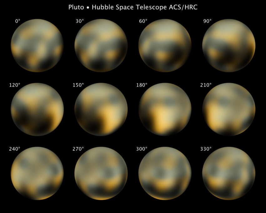 A photomap of Dithering image based on pictures of Pluto from 2002 to 2003 taken by the Advance Camera for Survey of the Hubble telescope.