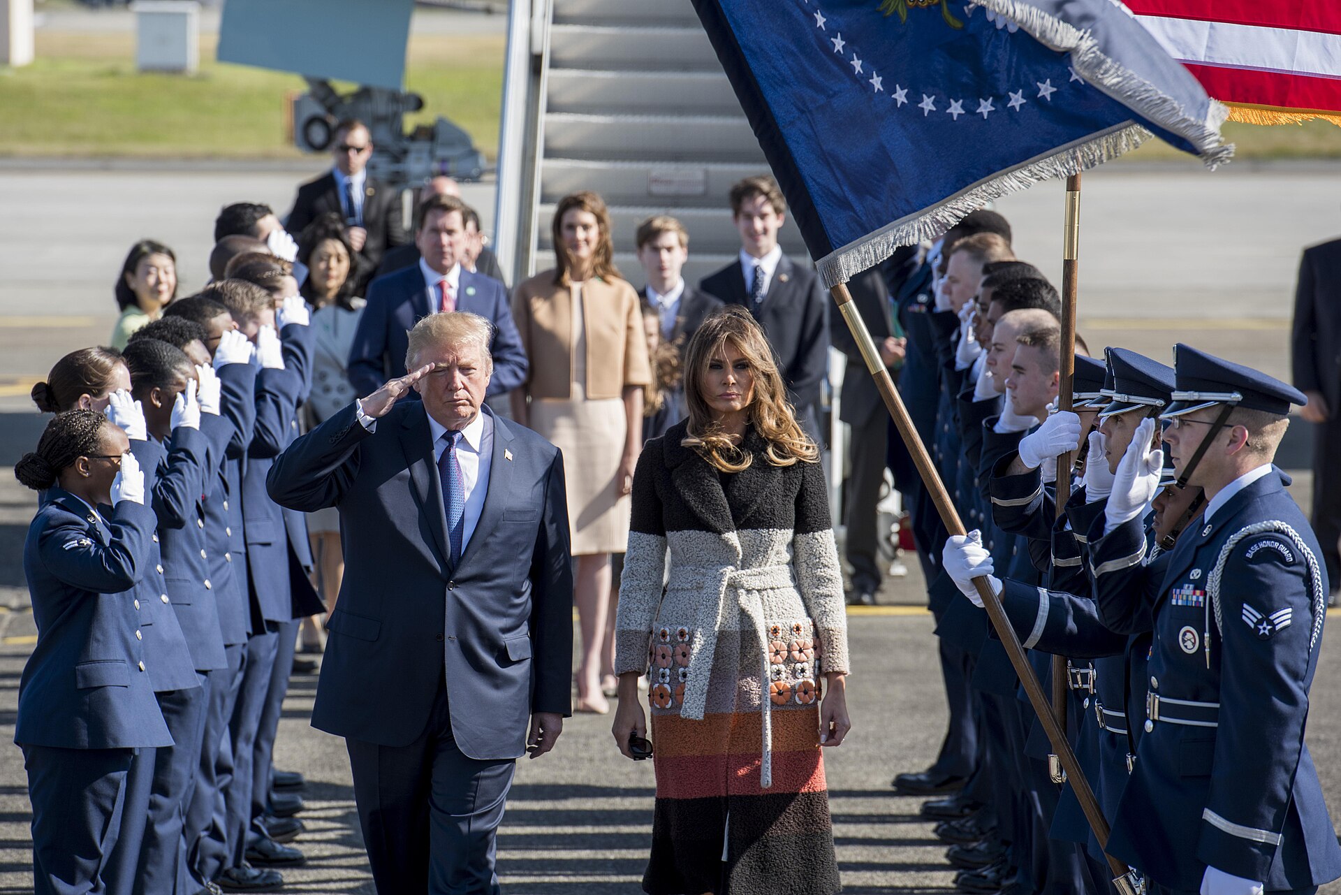 President Donald Trump and First Lady Melania Trump are greeted to Japan by the Yokota Air Base Honor Guard.jpg