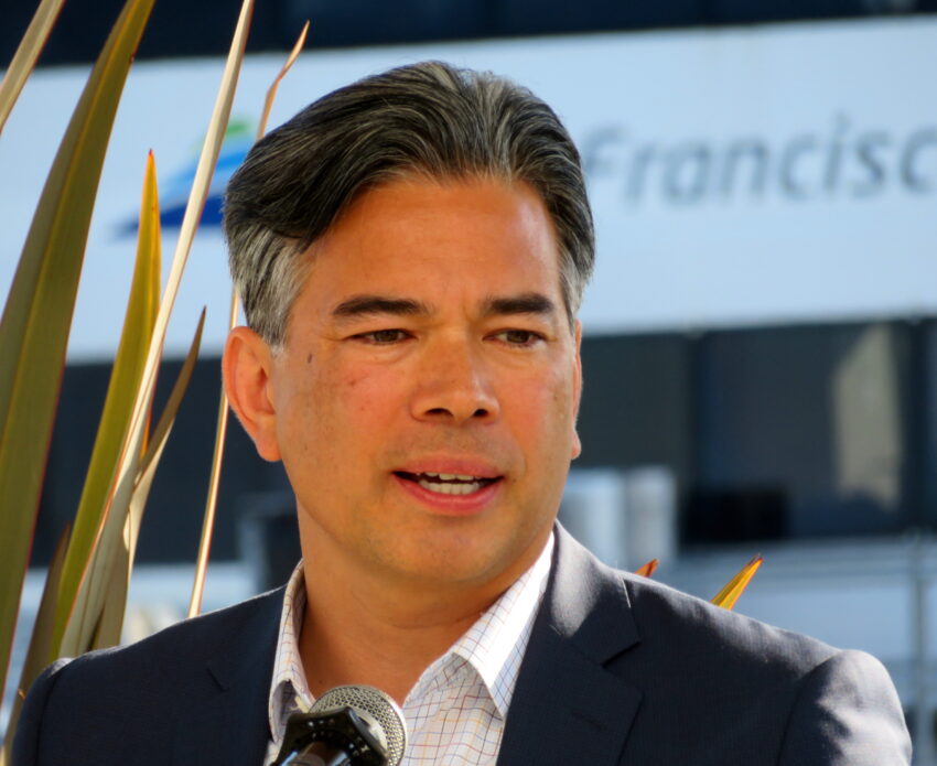 California State Assembly member Rob Bonta speaking at the Central Bay Operations and Maintenance Facility ribbon-cutting ceremony in December 2018