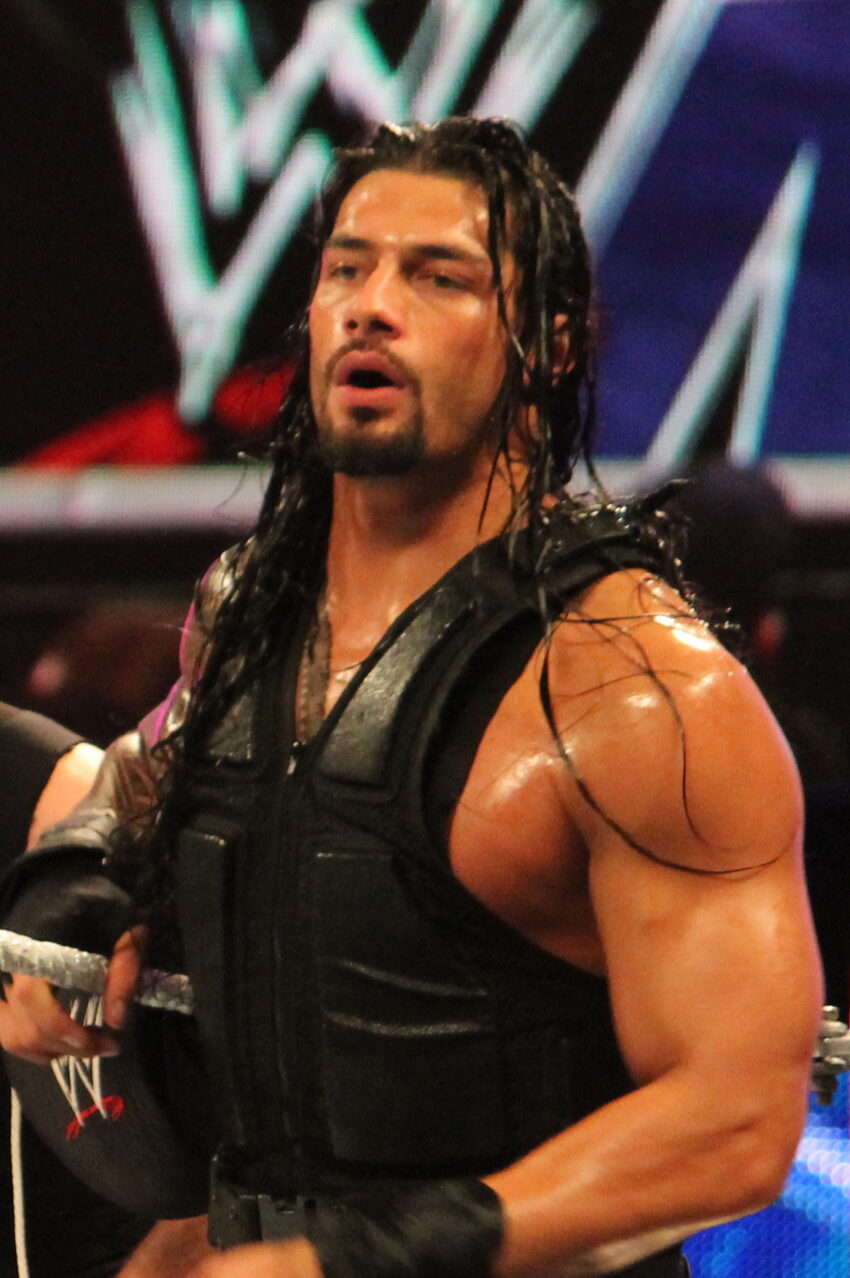 Roman Reigns at a WWE SmackDown / Main Event television taping in Lafayette, Louisiana on April 8, 2014. Cropped from original.