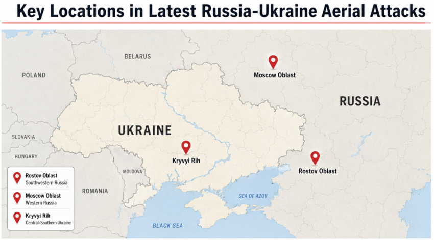Map showing Rostov Oblast, Moscow Oblast and Kryvyi Rih, key locations in the latest aerial attacks involving Russia and Ukraine.