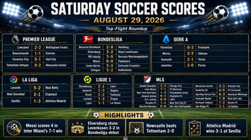 Saturday soccer scores graphic for August 29, 2026, showing results from the Premier League, Bundesliga, Serie A, La Liga, Ligue 1 and MLS, including Inter Miami’s 7-1 win