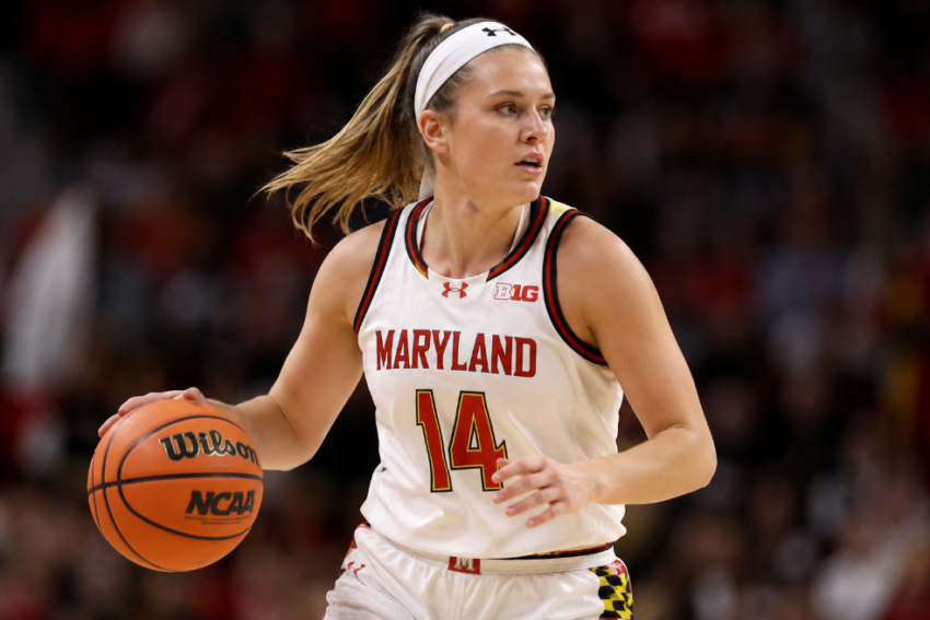 Saylor Poffenbarger shown in a Maryland basketball uniform during her college career before joining the Phoenix Mercury.