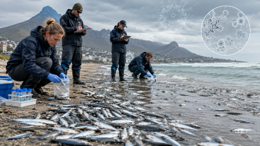 Scientists collect dead sardines and water samples along a South African beach while investigating a possible herpes virus connection to a mass fish die-off.