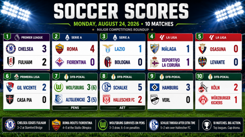 Wide soccer scoreboard graphic showing 10 major results from August 24, 2026, including Chelsea’s 3-2 win over Fulham, Roma’s 4-0 victory over Fiorentina, Lazio’s win over Bologna, and DFB-Pokal results.