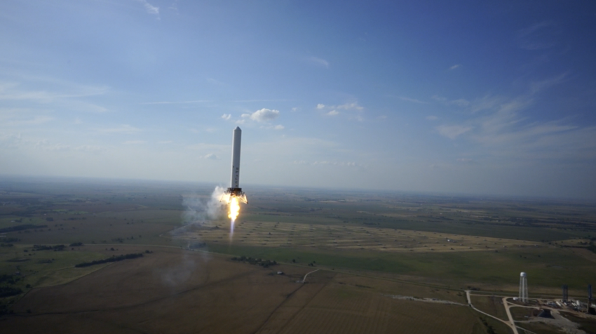 Grasshopper rocket performing a 325 meter flight followed by a soft propulsive landing in an attempt to develop technologies for a reusable launch vehicle.