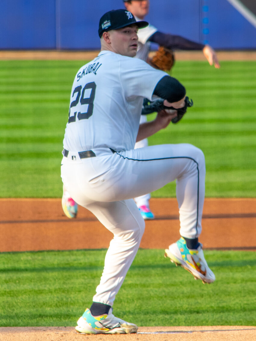 Tarik Skubal pitching for the Detroit Tigers during the 2024 Little League Classic.