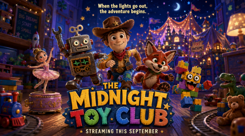 Colorful animated poster for The Midnight Toy Club featuring a cowboy doll, wind-up robot, plush fox, ballerina figure, and block toy racing through a magical bedroom adventure.