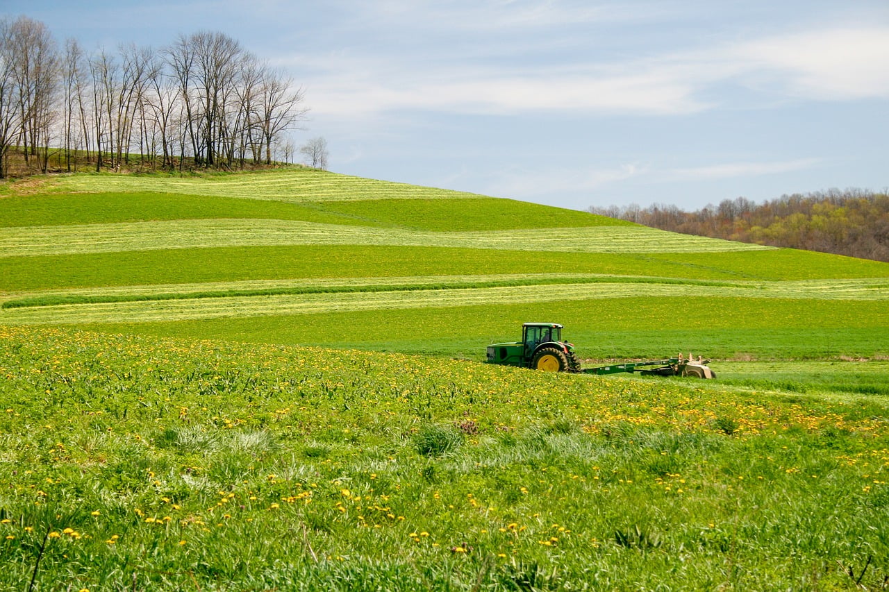 tractor, ohio, farmland, rolling hills, rural landscape