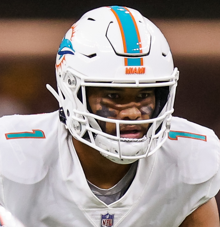 Dec 27, 2021; New Orleans, Louisiana, USA; Miami Dolphins quarterback Tua Tagovailoa (1) calls for the ball against New Orleans Saints during the first half at Caesars Superdome. Mandatory Credit: Stephen Lew-USA TODAY Sports