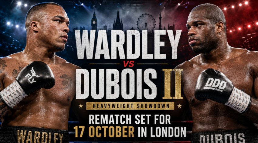 Fabio Wardley and Daniel Dubois face off in a dramatic boxing poster promoting their heavyweight rematch on October 17 in London.