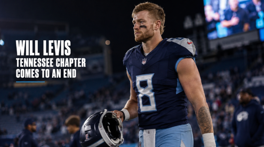 Will Levis stands on the sideline in a Tennessee Titans-style uniform holding his helmet, with a blurred stadium background and headline text about his Tennessee chapter coming to an end.