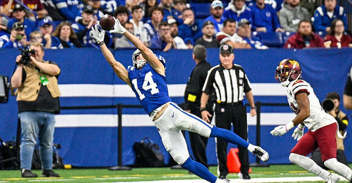 Indianapolis Colts wide receiver, Alec Pierce, catching a pass in a game against the Washington Commanders at the from Lucas Oil Field, Indianapolis, IN, October 30th, 2022.