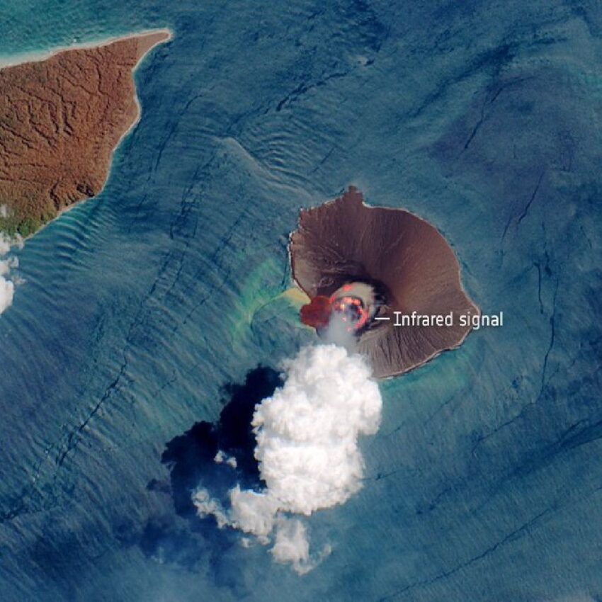 Anak Krakatoa as seen from space by the ESA's Copernicus Sentinel-2 satellite on 17th April 2020. "Thanks to the satellite's short wave infrared channels we can easily spot the ongoing activity in the crater, visible in bright red." Taken from the @esa_earth Instagram account. Credits there given as: "contains modified Copernicus Sentinel data (2020), processed by ESA, CC BY-SA 3.0 IGO"