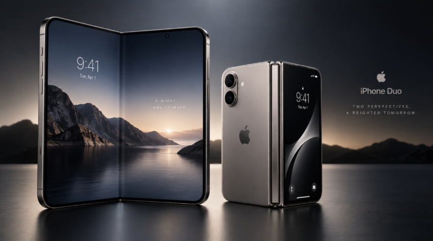 Wide promotional graphic showing the Apple iPhone Duo in both open and folded positions with a large inner display, compact outer screen and titanium-style frame.