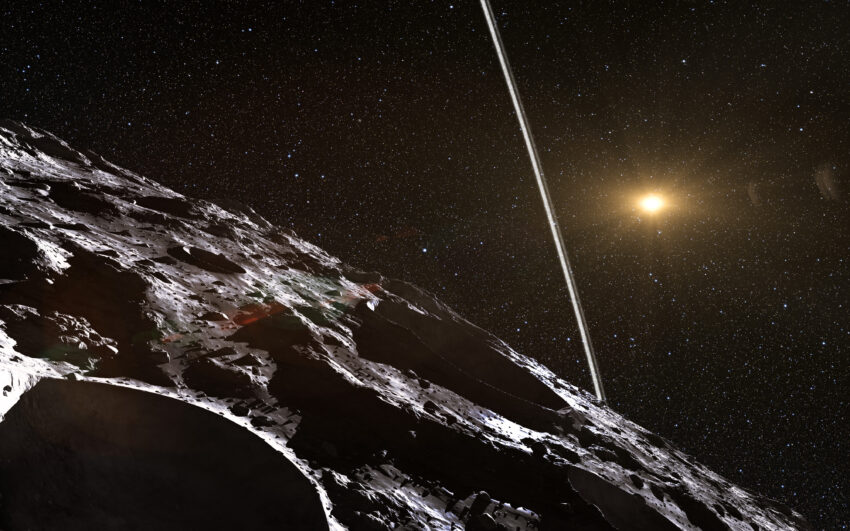 Observations at many sites in South America, including ESO’s La Silla Observatory, have made the surprise discovery that the remote asteroid Chariklo is surrounded by two dense and narrow rings. This is the smallest object by far found to have rings and only the fifth body in the Solar System — after the much larger planets Jupiter, Saturn, Uranus and Neptune — to have this feature. The origin of these rings remains a mystery, but they may be the result of a collision that created a disc of debris. This artist’s impression shows how the rings might look from close to the surface of Chariklo.