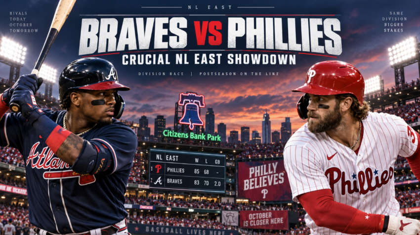 Wide baseball graphic showing the Atlanta Braves and Philadelphia Phillies facing off at Citizens Bank Park in a crucial September NL East matchup with playoff implications.