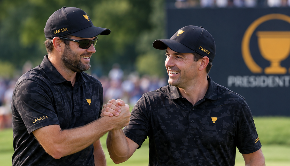 Canadian golfers Corey Conners and Nick Taylor celebrate together on the course during the Presidents Cup.
