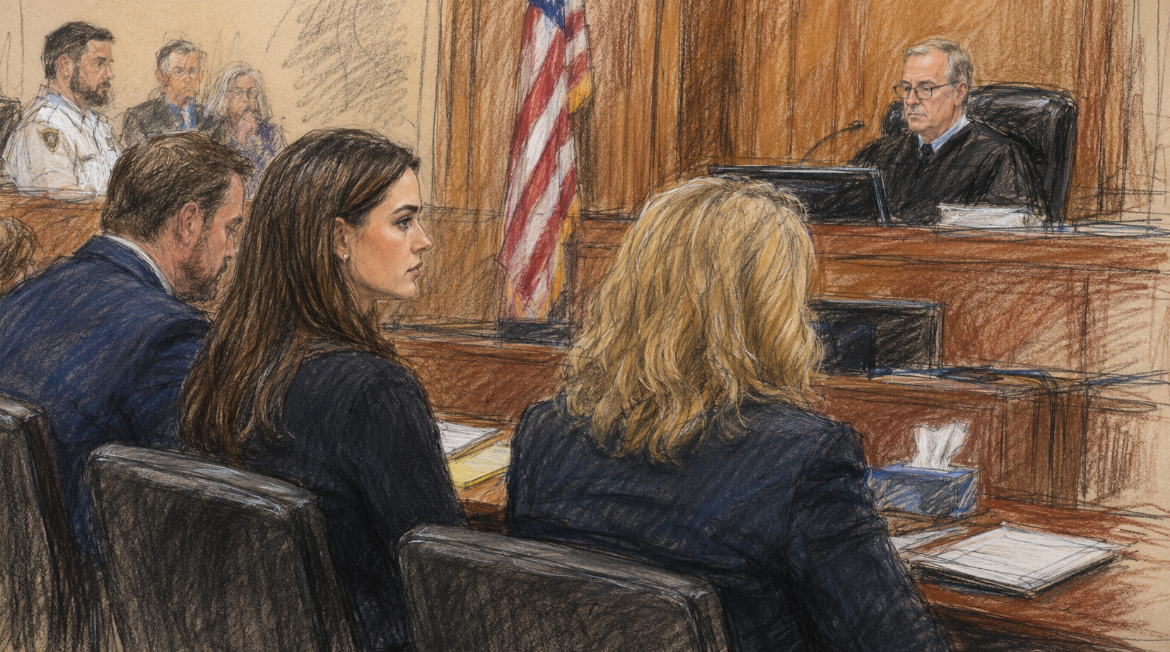 Courtroom artist sketch showing a woman seated at the defense table with attorneys beside her, facing a judge on the bench in a wood-paneled courtroom during the Lindsay Clancy trial.