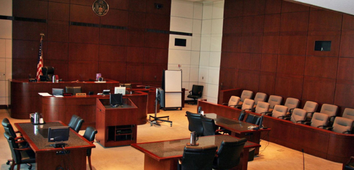 View of a courtroom inside the Thomas F. Eagleton U.S. Courthouse.