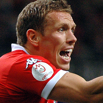 Football player Craig Bellamy in action for Wales