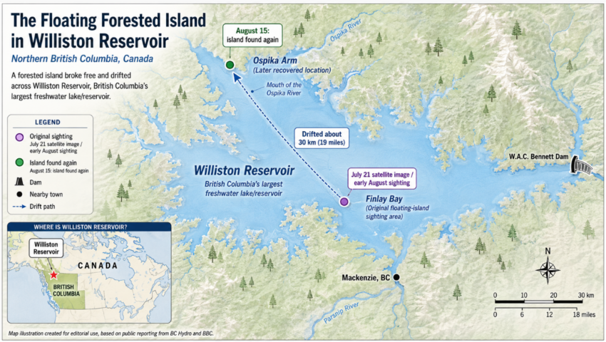 Map showing Williston Reservoir in northern British Columbia, including the floating forested island’s original sighting near Finlay Bay and its later location near Ospika Arm after drifting about 30 kilometers.