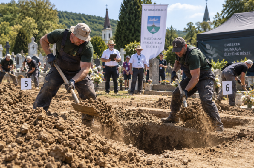 Two competitors dig graves with shovels during a grave-digging competition in a public cemetery in Nyergesújfalu, Hungary, as judges and other teams watch nearby.