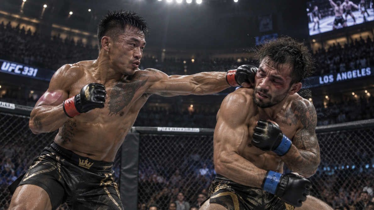 Illustration of two MMA fighters exchanging punches inside an octagon during a UFC 331 championship fight in Los Angeles.