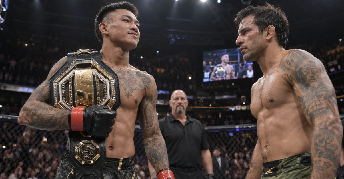 Joshua Van stands inside the cage with the flyweight championship belt over his shoulder while facing Alexandre Pantoja after their UFC 331 title fight in Los Angeles.