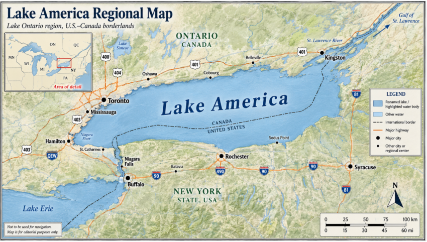 Regional map of the Lake Ontario area relabeled as Lake America, showing the U.S.-Canada border, surrounding geography, major cities including Toronto, Hamilton, Buffalo, Rochester, Syracuse and Kingston, major highways, and a locator inset map.