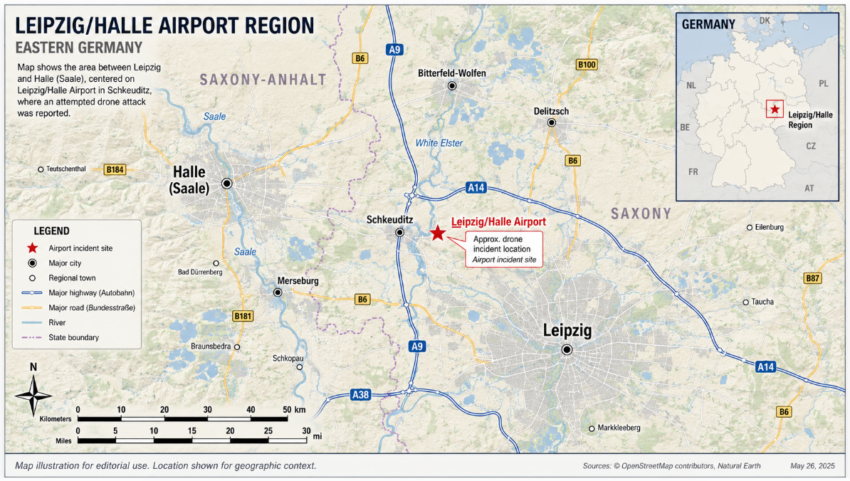Regional map of eastern Germany showing Leipzig/Halle Airport in Schkeuditz, the surrounding terrain, nearby cities including Leipzig and Halle, major highways, rivers, and a locator inset map of Germany.