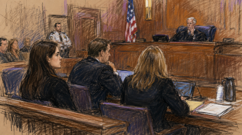 Courtroom artist sketch showing Lindsay Clancy seated with her defense attorneys in a Massachusetts courtroom as the judge looks on from the bench.