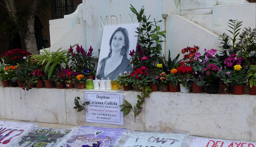 Memorial to murdered investigative journalist Daphne Caruana Galizia at the foot of the Great Siege Monument in Valletta, Malta.