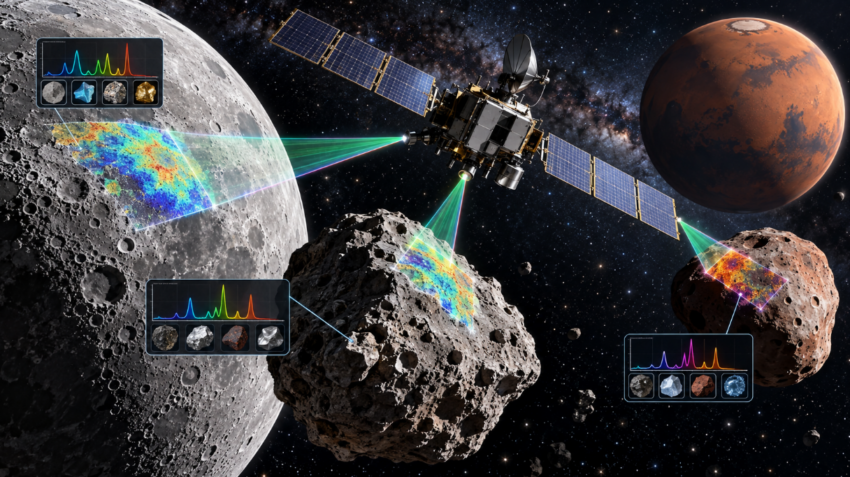 Wide illustration of a NASA concept spacecraft using laser-based Raman spectroscopy to scan the Moon, a near-Earth asteroid