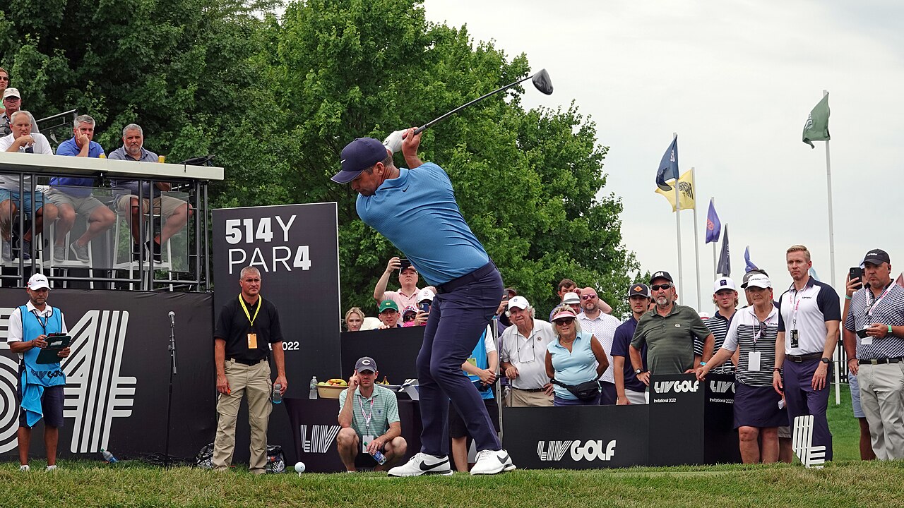 Paul Casey tees off at Trump National in Bedminster, NJ, while competing for LIV Golf. Casey placed 6th at the LIV Golf Invitational Bedminster.
