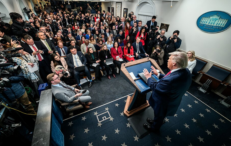 President Donald Trump addresses members of the media in the James S. Brady Press Briefing Room, Tuesday, January 20, 2026.