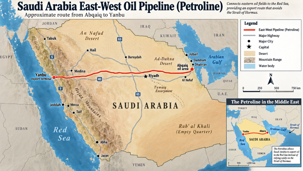 Map of Saudi Arabia showing the East-West Oil Pipeline from Abqaiq to Yanbu, along with major cities, highways, deserts, mountain ranges, the Red Sea and Arabian Gulf.